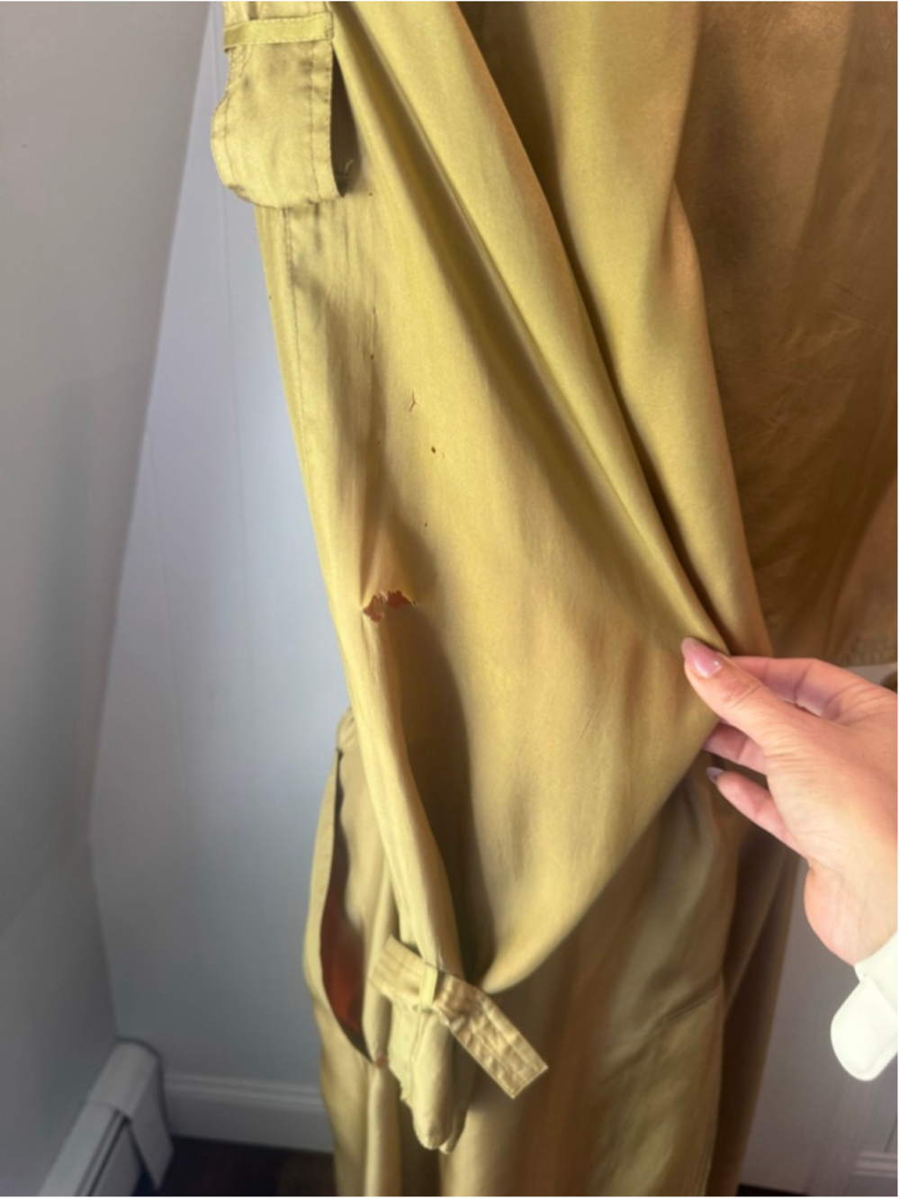 Vintage Silk Trench Coat Gold Bronze olive Iridescent Belted Duster Women’s L - Picture 12 of 16
